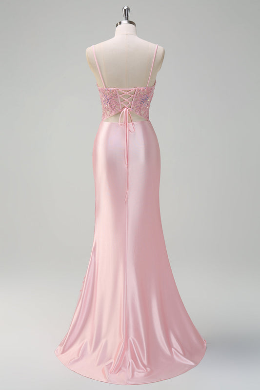 Sparkly Sequins Light Pink Mermaid Ruched Corset Prom Dress with Slit