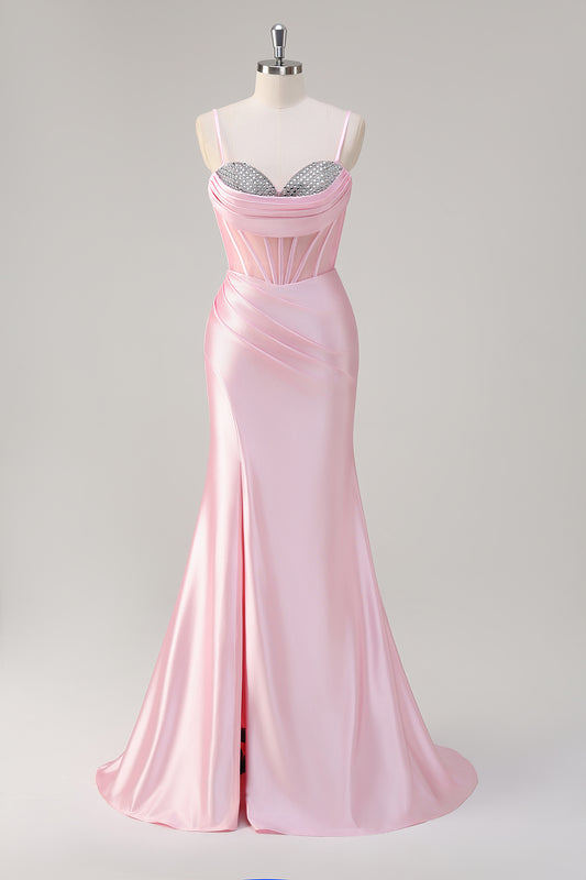 Pink Mermaid Spaghetti Straps Corset Long Prom Dress with Slit