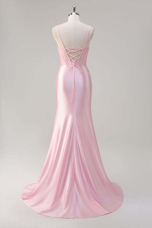 Pink Mermaid Spaghetti Straps Corset Long Prom Dress with Slit