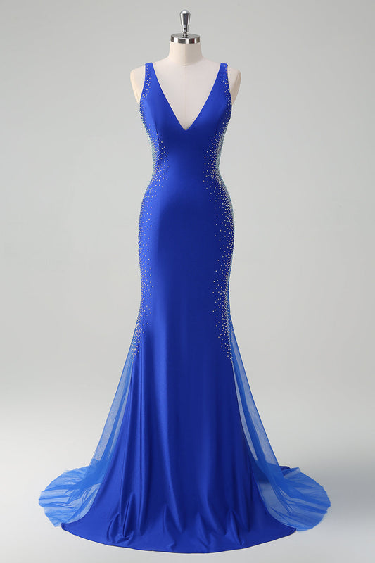 Sparkly Royal Blue Mermaid V Neck Beaded Satin Long Prom Dress