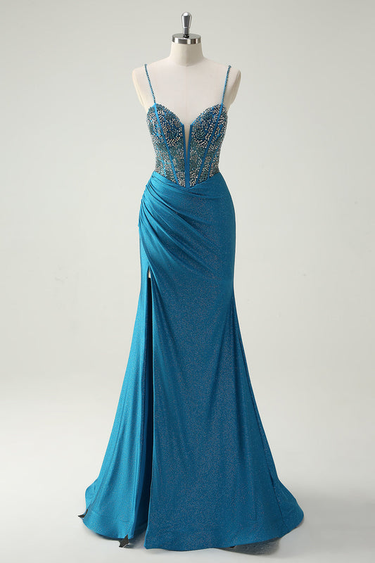 Sparkly Blue Spaghetti Straps V-Neck Ruched Long Prom Dress with Beading