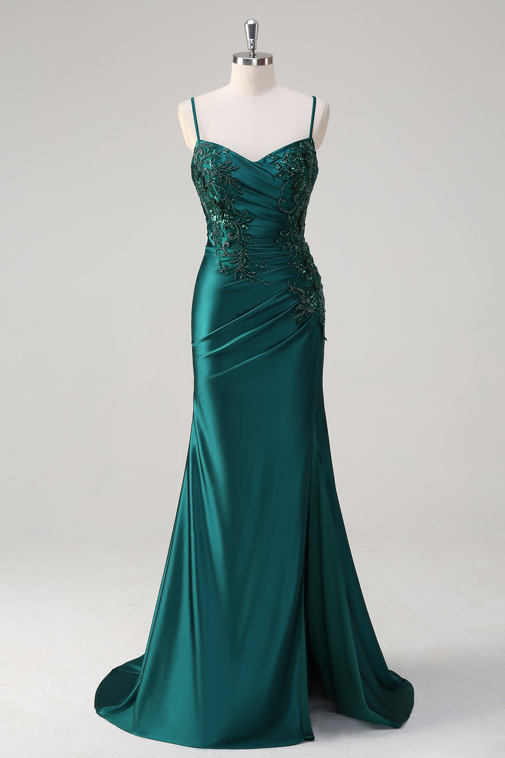 Dark Green Mermaid Applique Spaghetti Straps Long Prom Dress with Slit