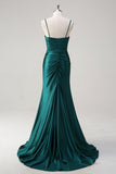 Dark Green Mermaid Applique Spaghetti Straps Long Prom Dress with Slit