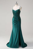 Dark Green Mermaid Applique Spaghetti Straps Long Prom Dress with Slit