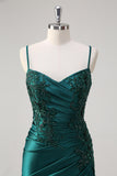 Dark Green Mermaid Applique Spaghetti Straps Long Prom Dress with Slit