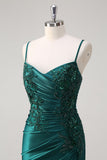 Dark Green Mermaid Applique Spaghetti Straps Long Prom Dress with Slit