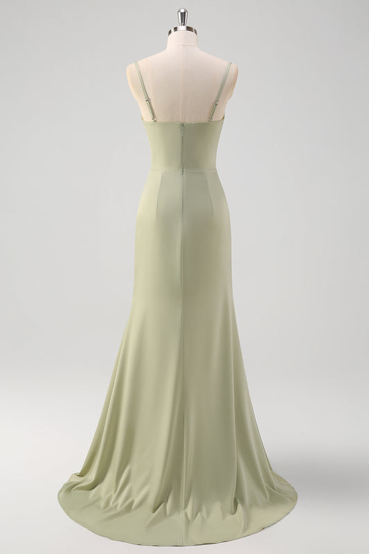 Sage Spaghetti Straps Long Bridesmaid Dress with Slit