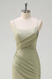 Sage Mermaid Spaghetti Straps Ruched Long Bridesmaid Dress with Slit