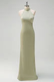 Sage Sheath Halter Long Bridesmaid Dress with Bow