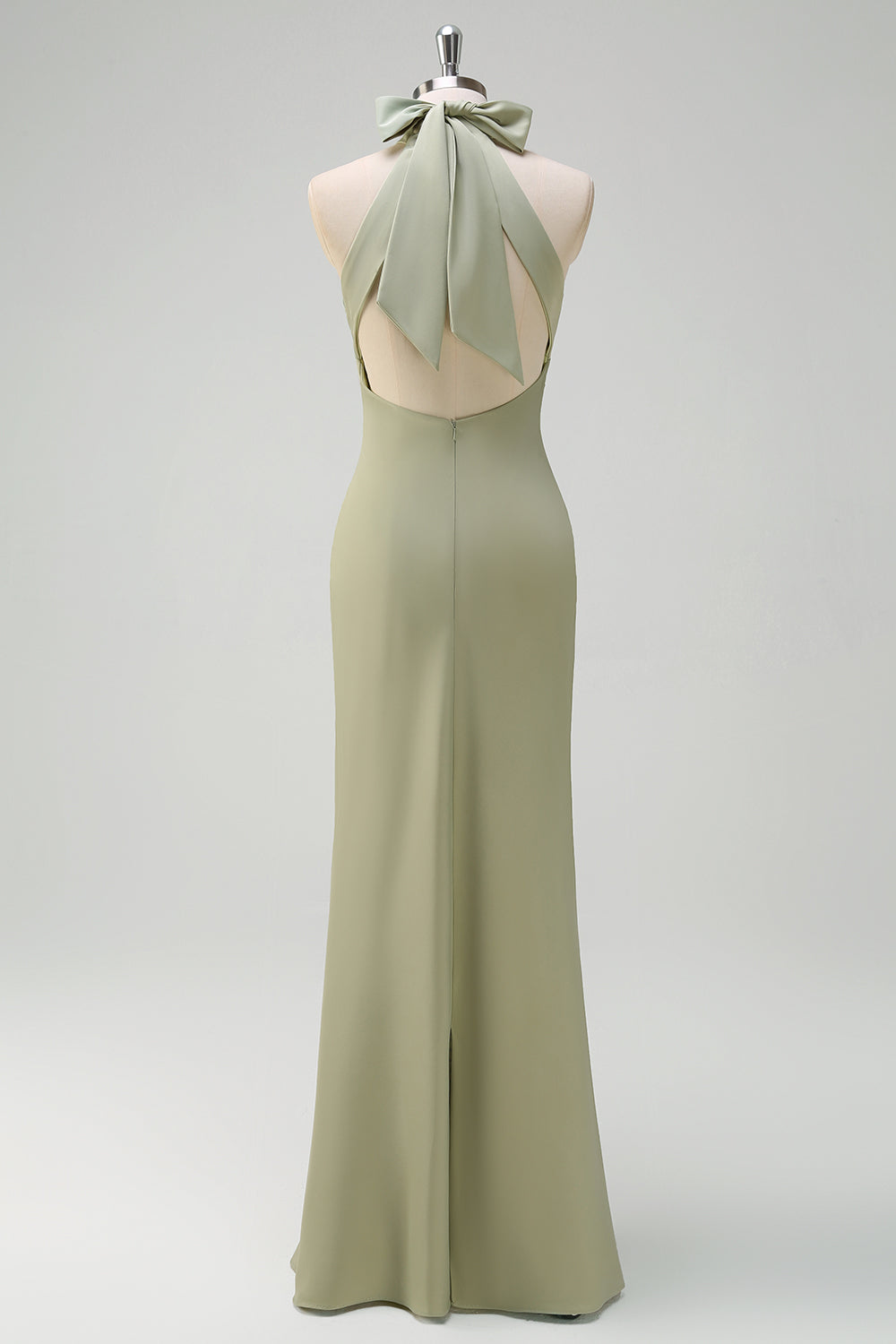 Sage Sheath Halter Long Bridesmaid Dress with Bow