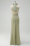 Sage Sheath Halter Long Bridesmaid Dress with Bow