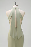 Sage Sheath Halter Long Bridesmaid Dress with Bow