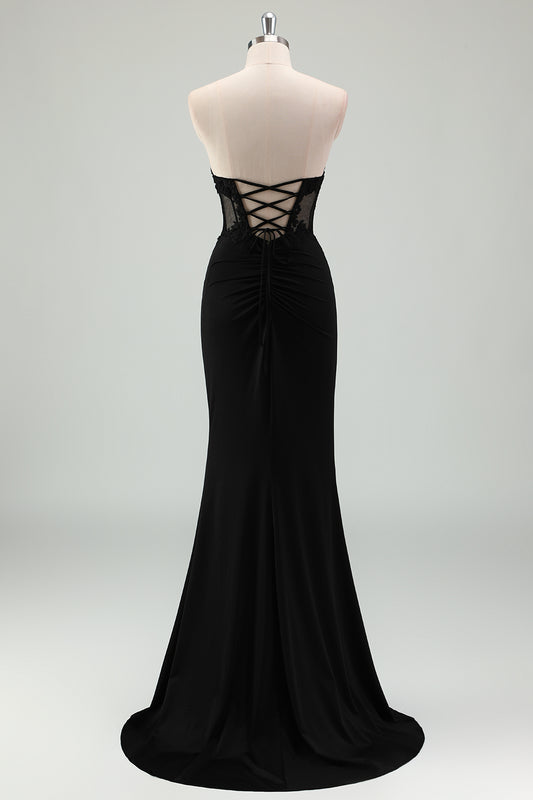 Mermaid Black Corset Strapless Long Prom Dress with Slit