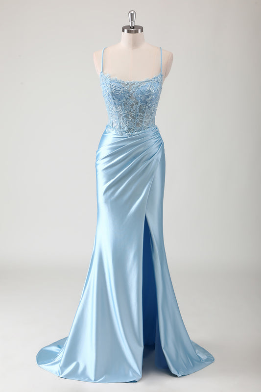 Blue Mermaid Beaded Applique Spaghetti Straps Corset Long Prom Dress with Slit