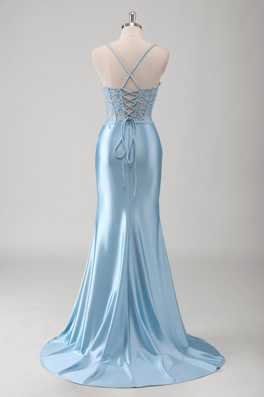 Blue Mermaid Beaded Applique Spaghetti Straps Corset Long Prom Dress with Slit