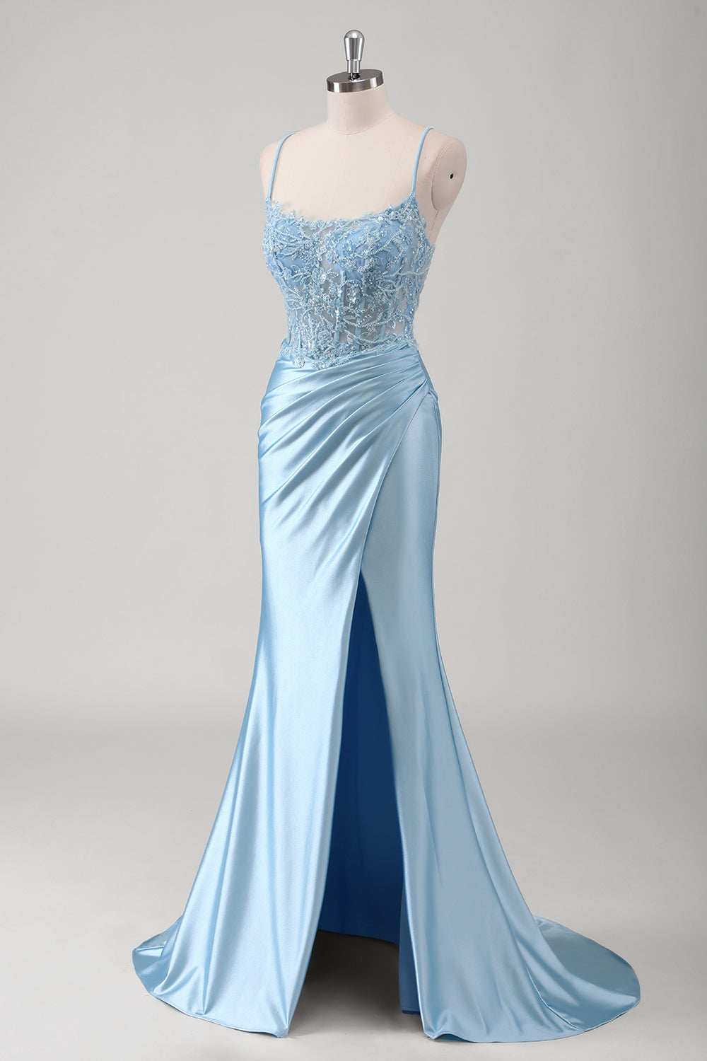 Blue Mermaid Beaded Applique Spaghetti Straps Corset Long Prom Dress with Slit