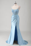 Blue Mermaid Beaded Applique Spaghetti Straps Corset Long Prom Dress with Slit