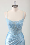 Blue Mermaid Beaded Applique Spaghetti Straps Corset Long Prom Dress with Slit