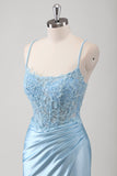 Blue Mermaid Beaded Applique Spaghetti Straps Corset Long Prom Dress with Slit