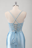 Blue Mermaid Beaded Applique Spaghetti Straps Corset Long Prom Dress with Slit