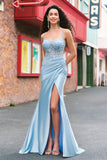 Blue Mermaid Appliqued Spaghetti Straps Corset Long Prom Dress with Slit