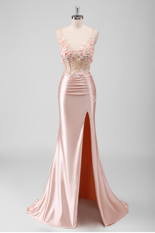 Peach Floral Mermaid Spaghetti Straps Long Prom Dress with Slit