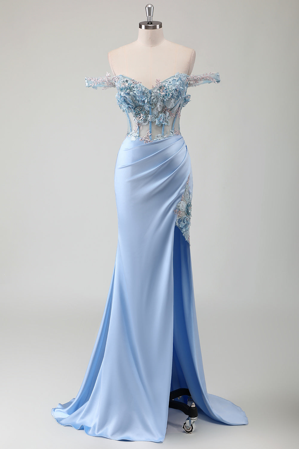 Sky Blue Mermaid Applique Off The Shoulder Prom Dress with Slit