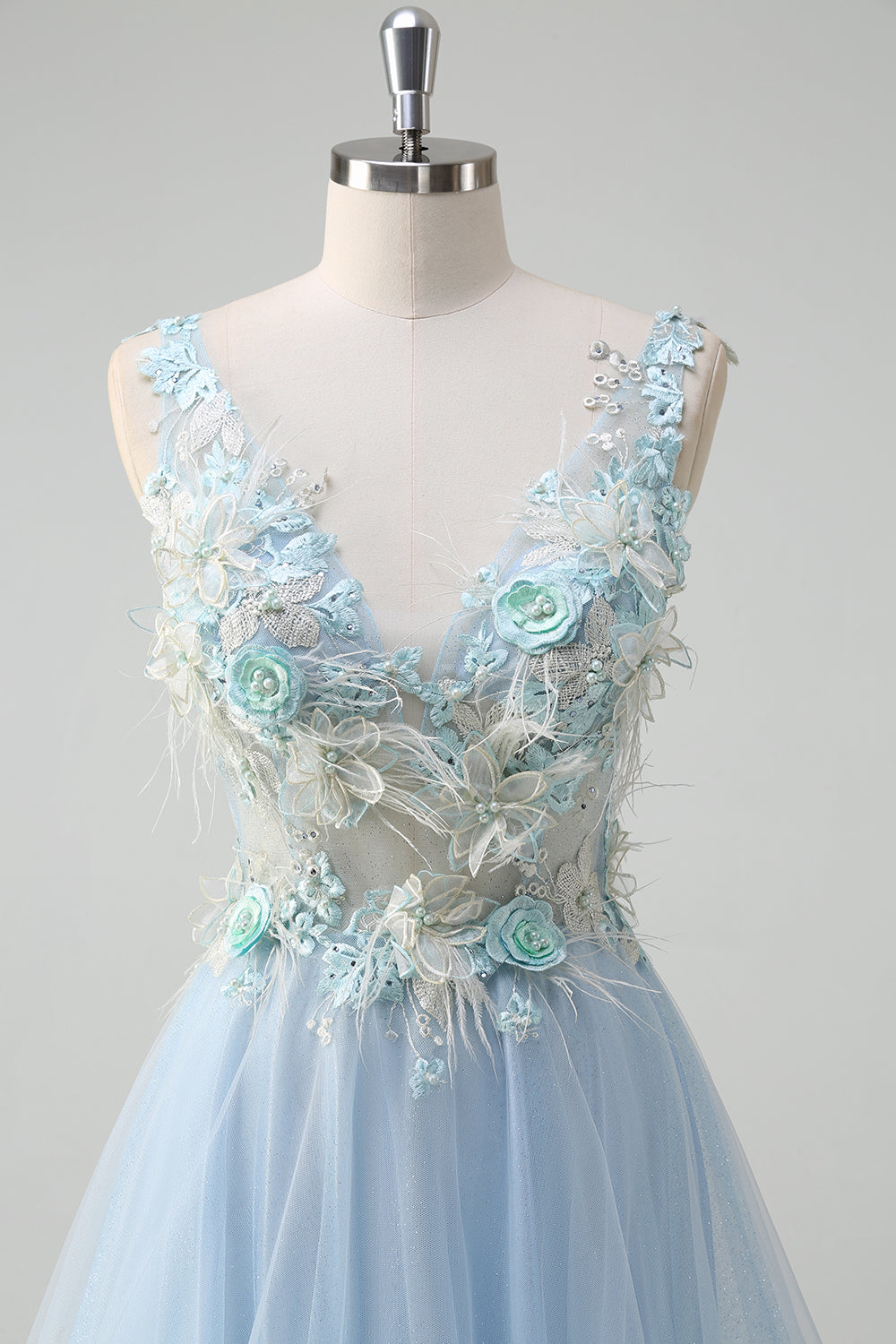 Light Blue Deep V-Neck Tulle A-Line Long Prom Dress with 3D Flowers