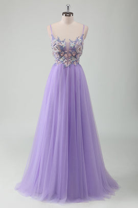 Purple Tulle A-Line Spaghetti Straps Open Back Long Prom Dress with Appliques