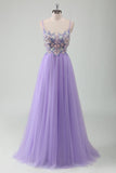 Purple Tulle A-Line Spaghetti Straps Open Back Long Prom Dress with Appliques