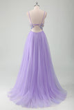 Purple Tulle A-Line Spaghetti Straps Open Back Long Prom Dress with Appliques