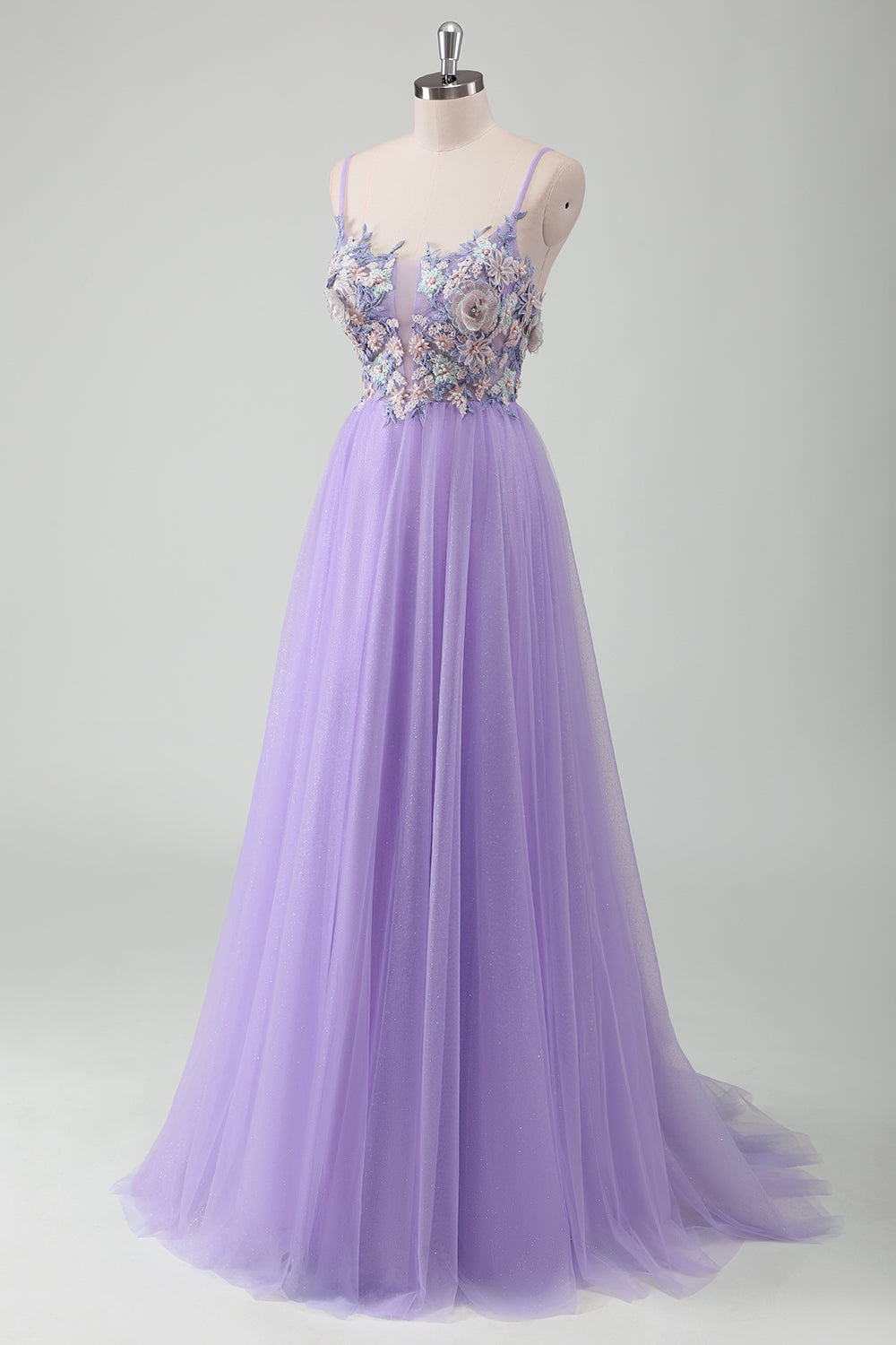 Purple Tulle A-Line Spaghetti Straps Open Back Long Prom Dress with Appliques