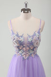 Purple Tulle A-Line Spaghetti Straps Open Back Long Prom Dress with Appliques