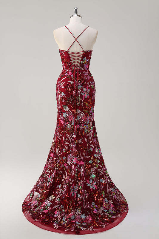 Sparkly Burgundy Floral Mermaid Spaghetti Straps Long Prom Dress with Slit