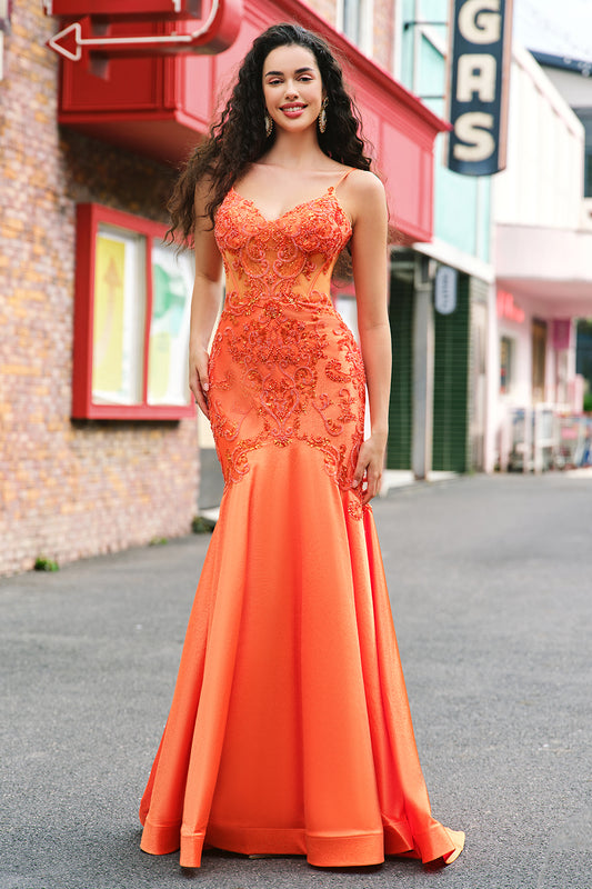 Sparkly Orange Mermaid Spaghetti Straps Beaded Corset Prom Dress with Lace