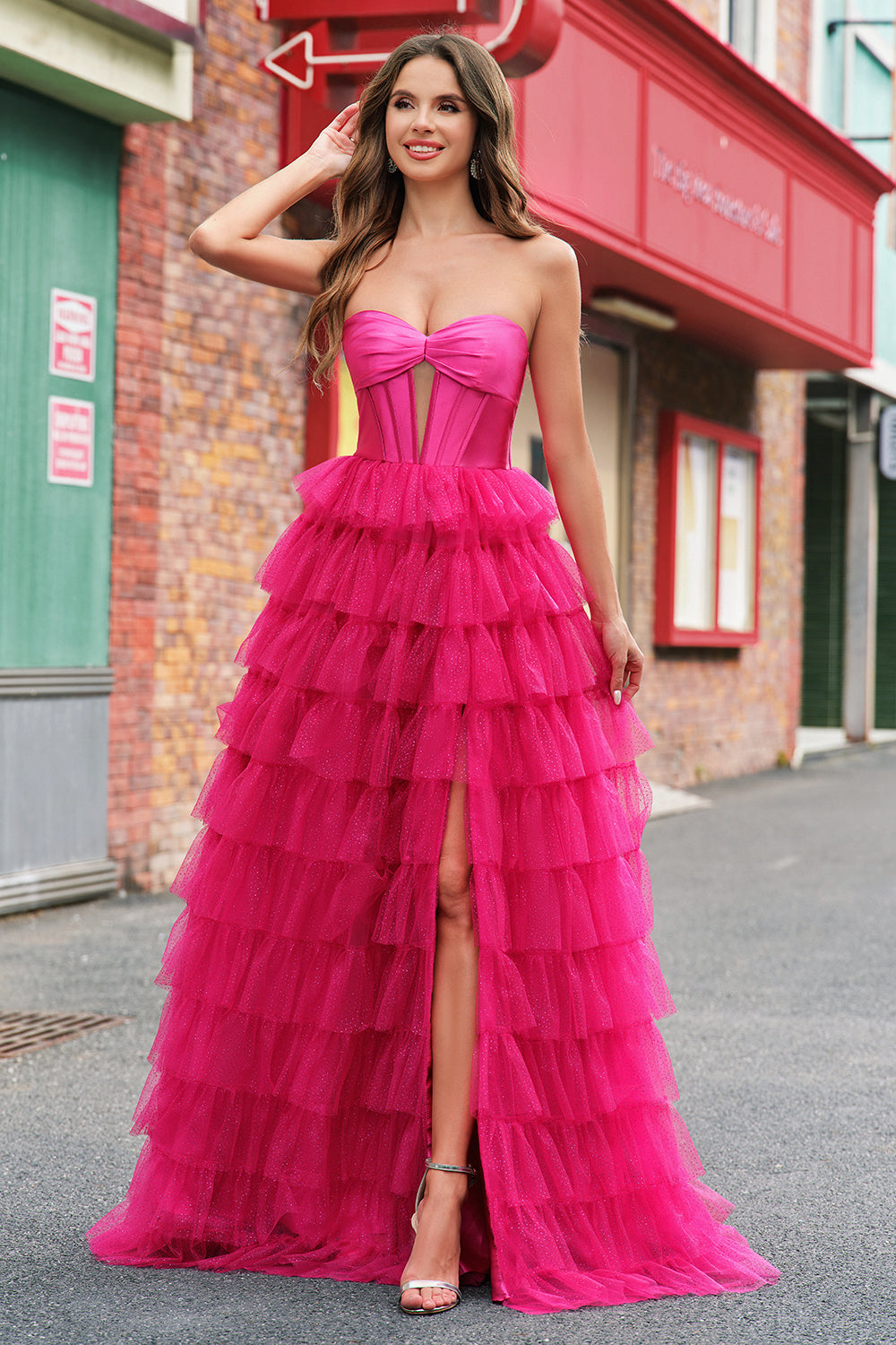 Fuchsia Sweetheart Keyhole Ruffled Tulle Long Princess Prom Dresses with Slit