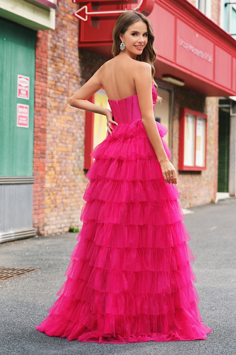 Cute Fuchsia Sweetheart Keyhole Tiered Tulle Long Princess Prom Dresses with Slit