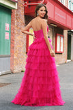 Cute Fuchsia Sweetheart Keyhole Tiered Tulle Long Princess Prom Dresses with Slit