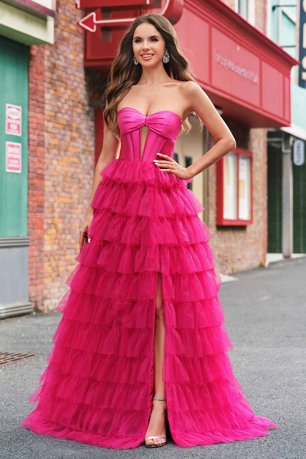 Fuchsia Sweetheart Keyhole Ruffled Tulle Long Princess Prom Dresses with Slit