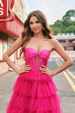 Fuchsia Sweetheart Keyhole Ruffled Tulle Long Princess Prom Dresses with Slit