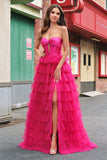 Fuchsia Sweetheart Keyhole Ruffled Tulle Long Princess Prom Dresses with Slit