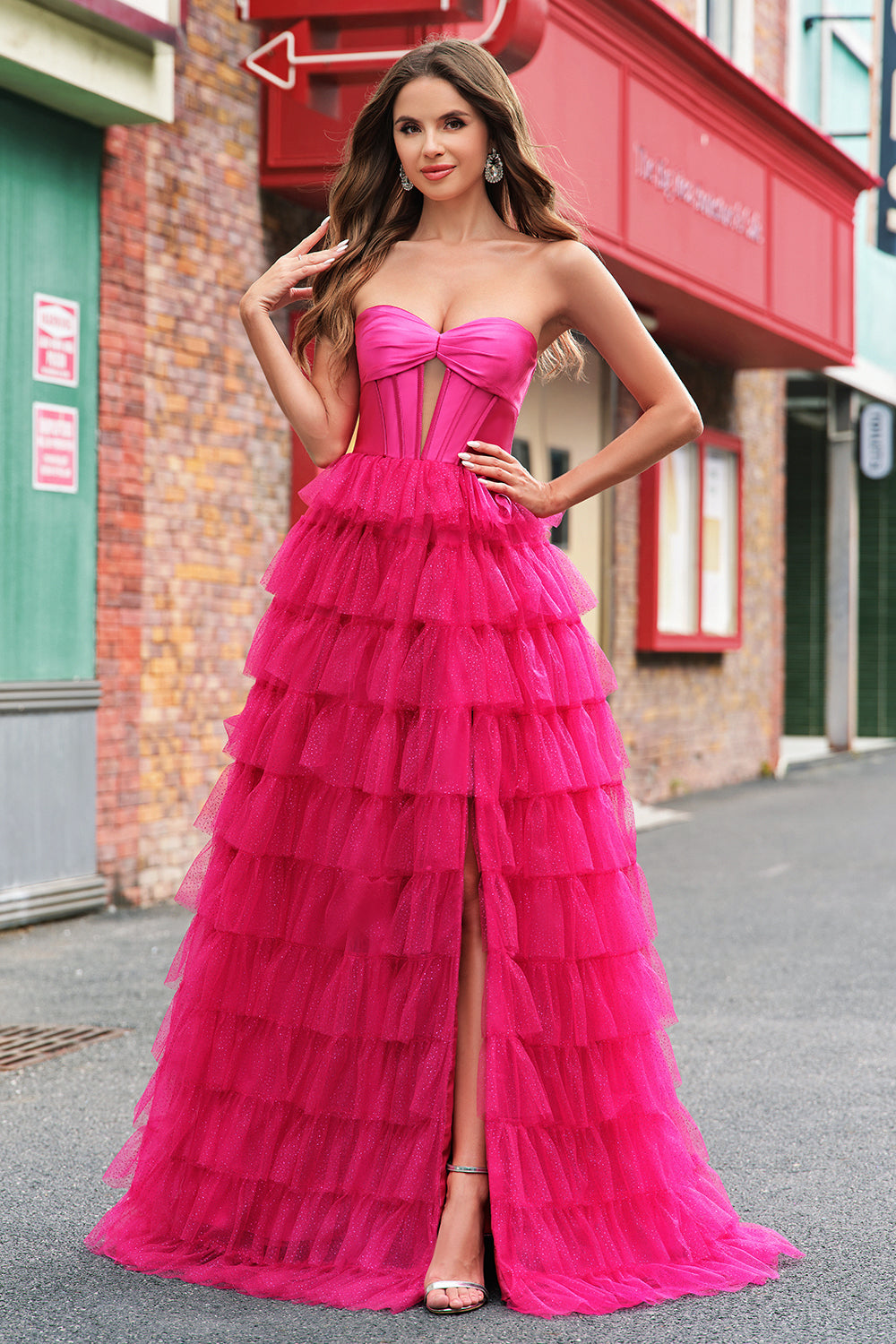 Fuchsia Sweetheart Keyhole Ruffled Tulle Long Princess Prom Dresses with Slit