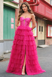 Fuchsia Sweetheart Keyhole Ruffled Tulle Long Princess Prom Dresses with Slit