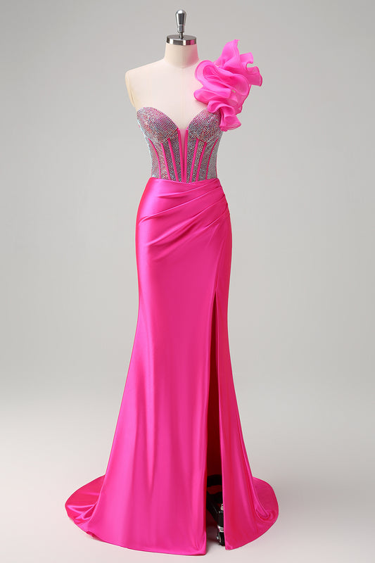 Sparkly Fuchsia Mermaid Ruffled One Shoulder Long Prom Dress with Slit