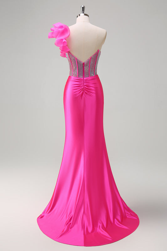 Fuchsia Mermaid Beaded One Shoulder Long Prom Dress with Slit