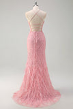 Sparkly Pink Mermaid Spaghetti Straps Sequin Long Prom Dress with Feathers