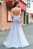 Floral Light Blue Mermaid Spaghetti Straps Corset Long Prom Dress