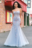 Floral Light Blue Mermaid Spaghetti Straps Corset Long Prom Dress