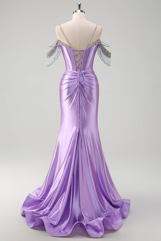 Sparkly Lilac Mermaid Cold Shoulder Tassels Satin Beaded Long Prom Dress with Slit