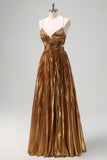 Sparkly Golden A-Line Spaghetti Straps Cut Out Ruched Metallic Long Prom Dress